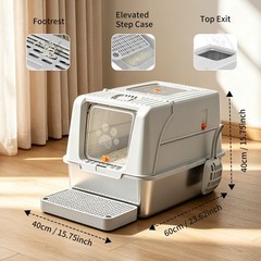 Stainless Steel Cat Litter Box with Lid, Extra Large Enclosed Metal Litter Pan w