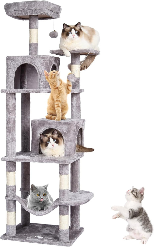 Deluxe 63″ Cat Tree with Condos, Hammock, Scratching Post & Perch – Light Grey