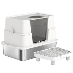 PawHut XL Stainless Steel Litter Box with 100° Flip Top, Scoop, Step