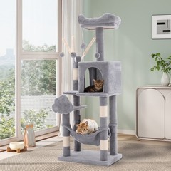 44″ Cat Tree Tower, with Scratch Posts, Condo, Hammock, Toys, Light Gray