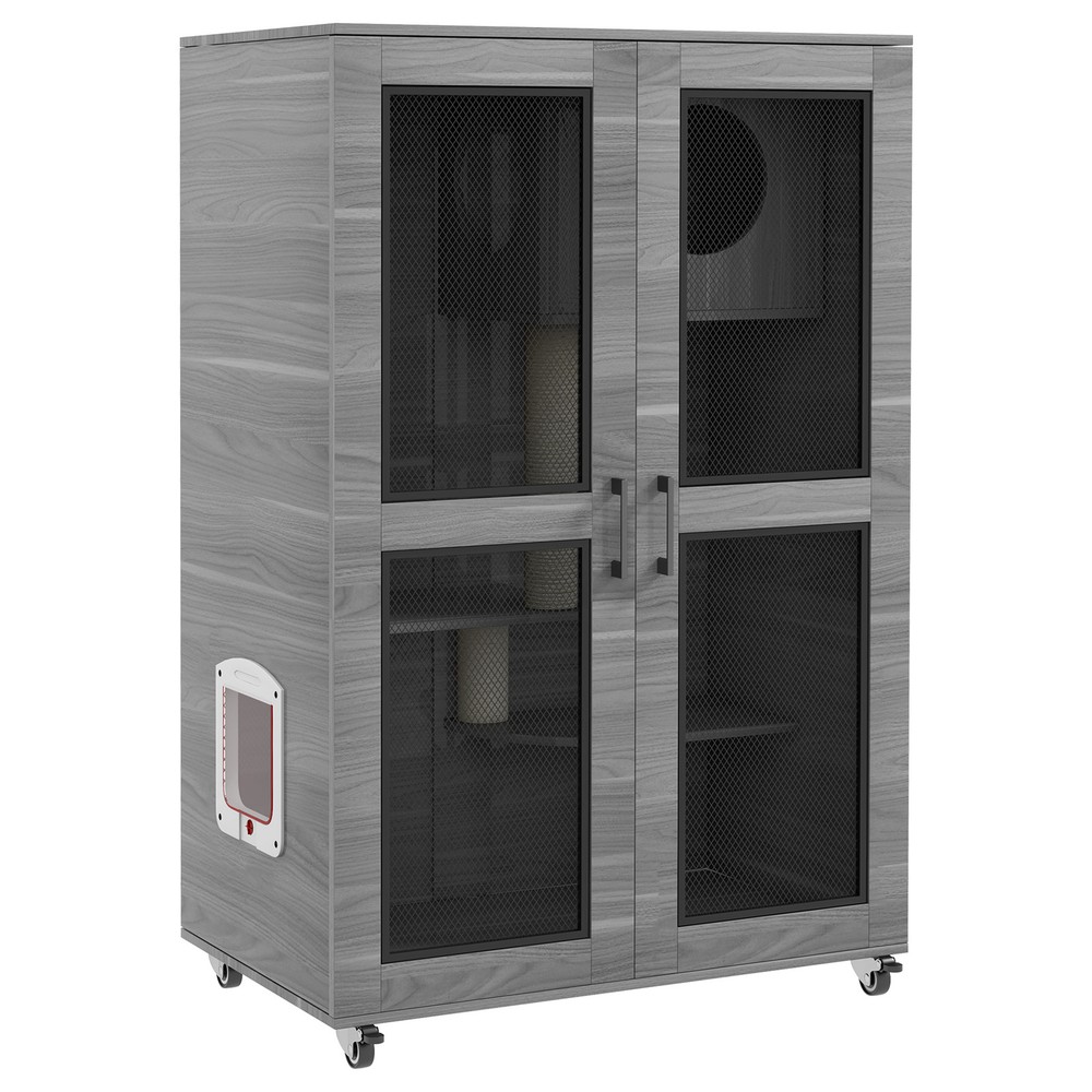 Cat Cage with Cat Tree, Kitty House W/ Scratching Posts Condo Wheels Flap Door