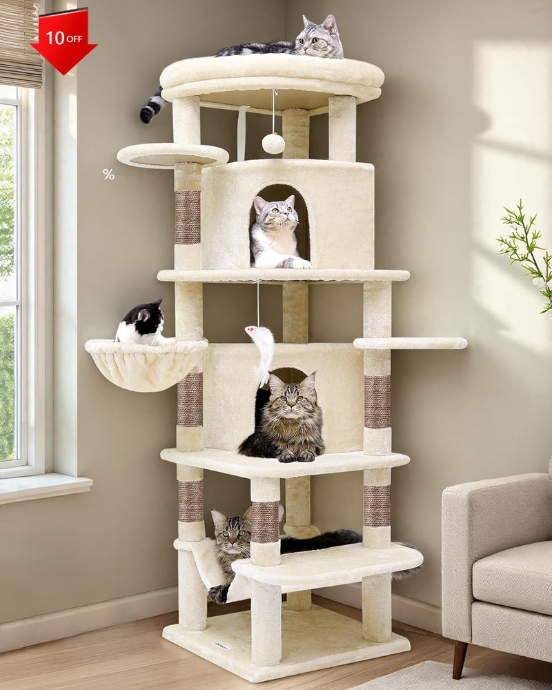 NEW,66inch Tall 6 Scratching Posts, 2 Spacious Cat Condos, Hanging Basket,Beige！