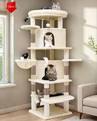 NEW,66inch Tall 6 Scratching Posts, 2 Spacious Cat Condos, Hanging Basket,Beige！