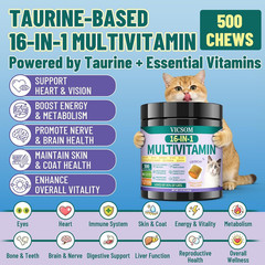 Taurine for Cats Vitamins Treats, 16 in 1 Cat Multivitamin 500 Crunchy & Krill C