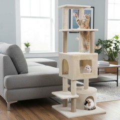 64″ Tall Cat Tree w/ 2 Large Condos, Jute Scratching Posts, Plush Top Perch