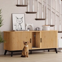 Sliding Door & Cat Litter Mat Included Walnut Hidden Litter Boxes Furniture, Cat