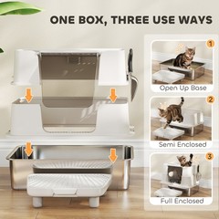 PawHut XL Stainless Steel Litter Box with 100° Flip Top, Scoop, Step