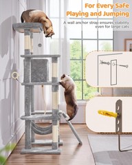 Large Multi-Level Cat Tree for Multi-Cat Households, 63″ Tall w/Large Perch,Gray