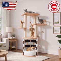 40 in Solid Pine Wood Cat Tree, Multi-Level Cat Tower with Cat House,…