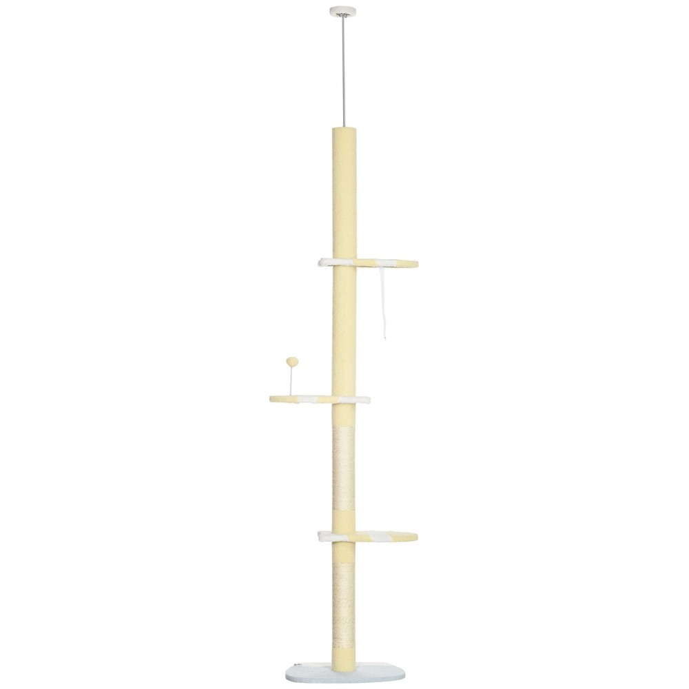 Yellow 87-103 Inch Floor to Ceiling Cat Tree Adjustable Height Ball Toy