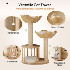 Cat Tree Tower for Large Cats Solid Wood Scratching Post with Basket Condo Perch