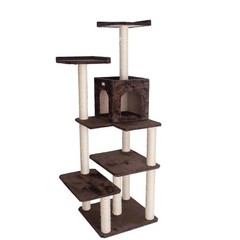 66-Inch Real Wood Cat Tree In Coffee Brown With Four Levels, Two Perches, Condo
