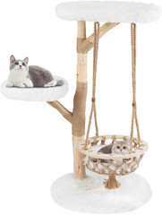 Solid Wood Cat Tree, 48.5” Natural Branch Modern Cat Tower with Luxury Hanging C