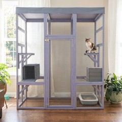 62.6″ Wooden Catio w/ Waterproof Cover & 2 Houses – Outdoor Cat Cage