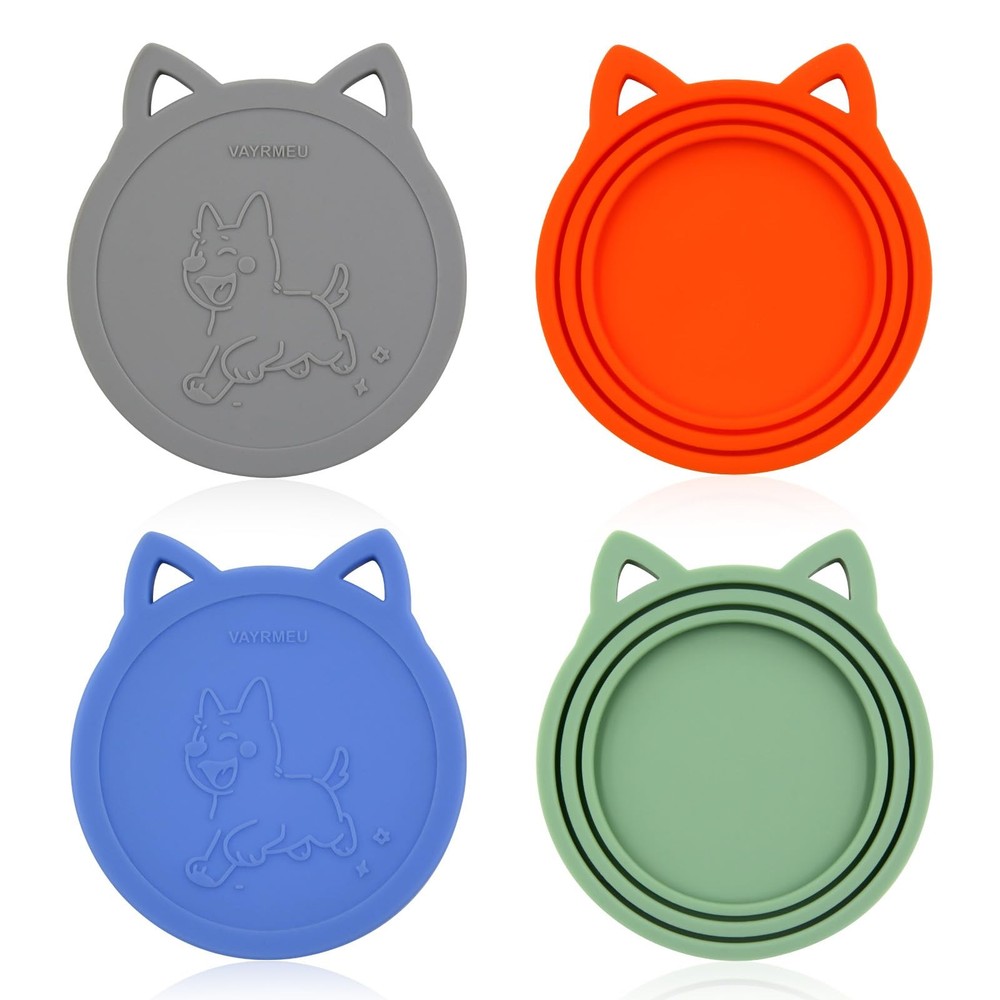 VAYRMEU 4 Pack Pet Food Can Cover Silicone Grey/Green/Blue/Orange