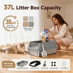 Anti-Leak Step Equipped Stainless Steel Cat Litter Box, XL High Sided Open Top M