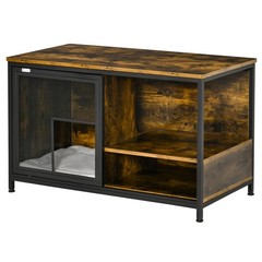 Wooden Cat House End Table, Elevated Kennel Pet Bed w/ Cushion, Rustic Brown