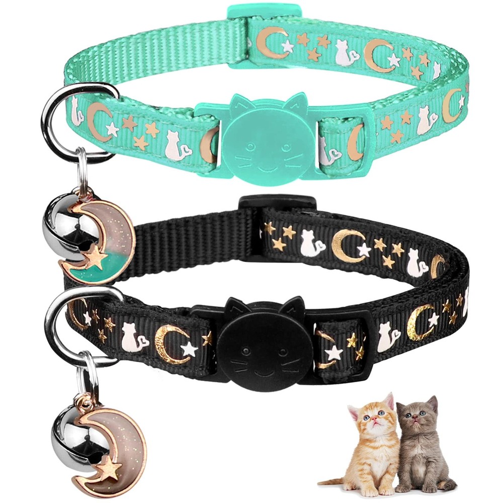 Baeuppit 2PCS Breakaway Cat Collars with Bell Neck 7.9-13.0 in, Black&Teal