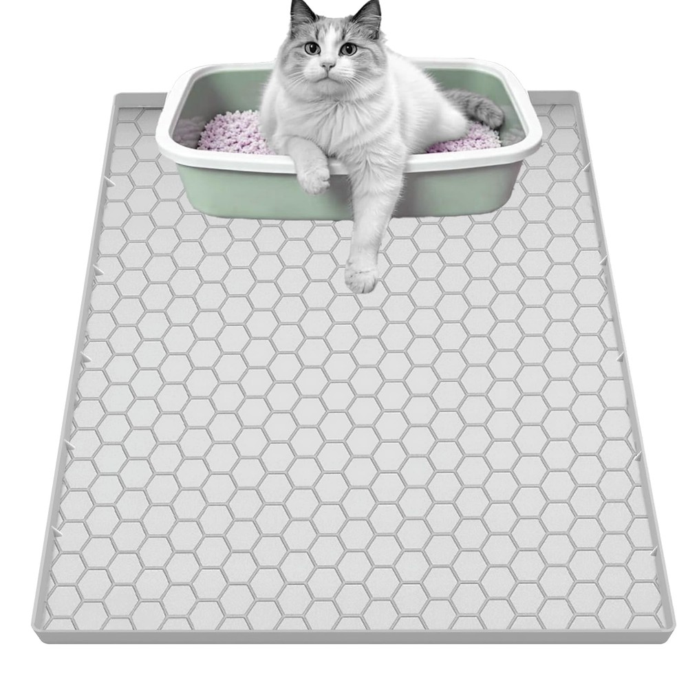 JSXZWOO Cat Litter Mat for Box, Silicone Large 25″L x 19″W, Light Grey