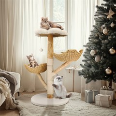 Cat Tree Tower for Large Cats Solid Wood Scratching Post with Basket Condo Perch