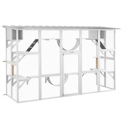 PawHut Wooden Catio W/ Weather Protection Roof, Multiple Platforms, Door