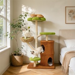 Cat Tree Tower for Large Cats Solid Wood Scratching Post with Basket Condo Perch
