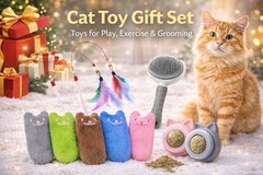 Cat Toy Gift Set – Catnip Plush Toys, Interactive Feather Wands & Grooming Brush