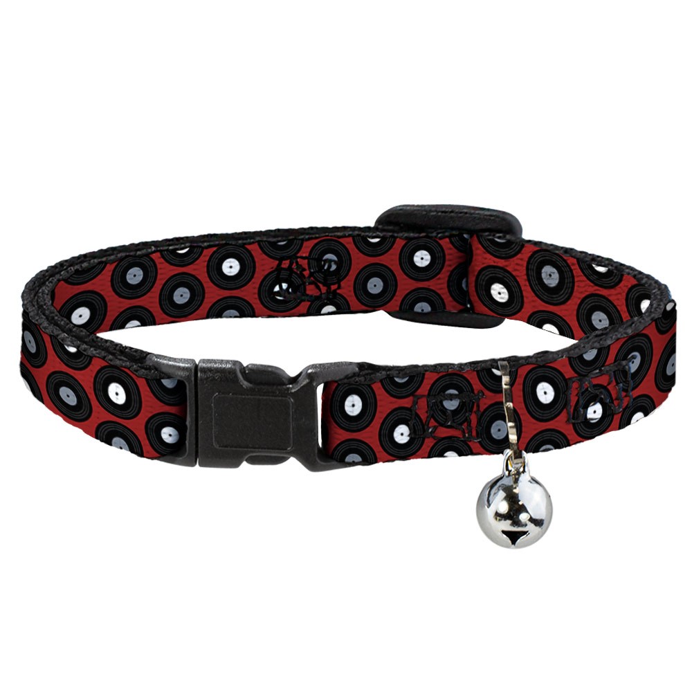 Cat Collar Breakaway with Bell Vinyl Records Red/Black/Gray/White NARROW Fits 8.