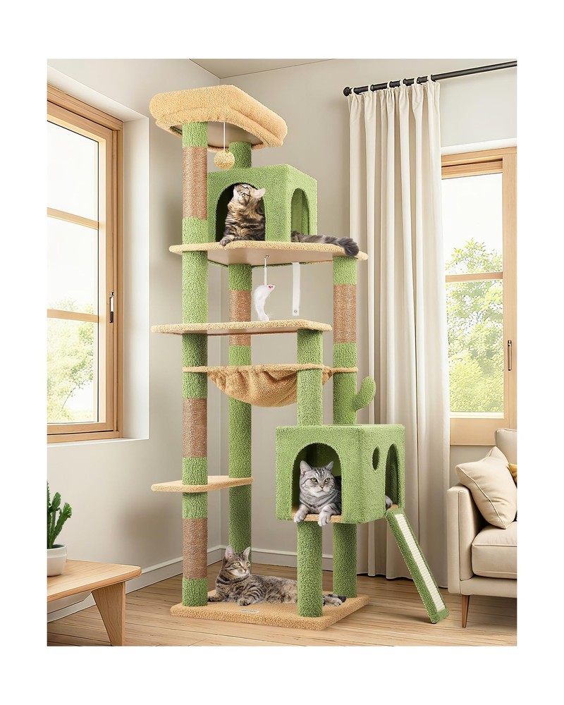 Globlazer Large Cactus Cat Tree Tower, 70in Tall Heavy Duty Green Cat Tree fo…