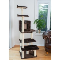 66-Inch Real Wood Cat Tree In Coffee Brown With Four Levels, Two Perches, Condo