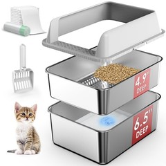 Stainless Steel Litter Box with Lid, Sifting for Small, Light Grey