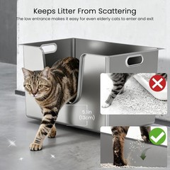13.8″ Stainless Steel Cat Litter Box XL High Sides Metal Kitty Pan w/ Wheels