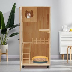 Wooden Large Indoor Cat Enclosure Catio Cage with Ramp and Covered Cat House Kit