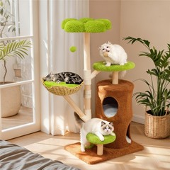 Cat Tree Tower for Large Cats Solid Wood Scratching Post with Basket Condo Perch