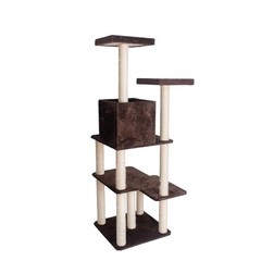 66-Inch Real Wood Cat Tree In Coffee Brown With Four Levels, Two Perches, Condo