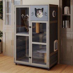 Large Wooden indoor Cat Enclosure House with Clear Door and 3 Jumping Platforms