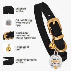 Handcrafted Black & Gold Cat Collar with Safety Bell and QR Tag for Small Breeds