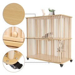 2 Tiers Cat House Wooden Large Cat Villa, Double Door Cat Cage with Wheels