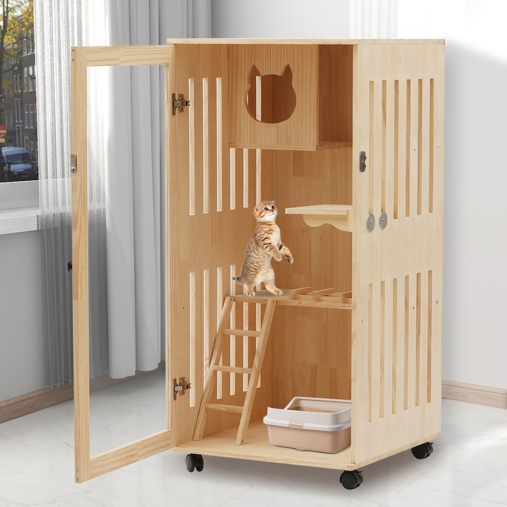 Wooden Large Indoor Cat Enclosure Catio Cage with Ramp and Covered Cat House Kit