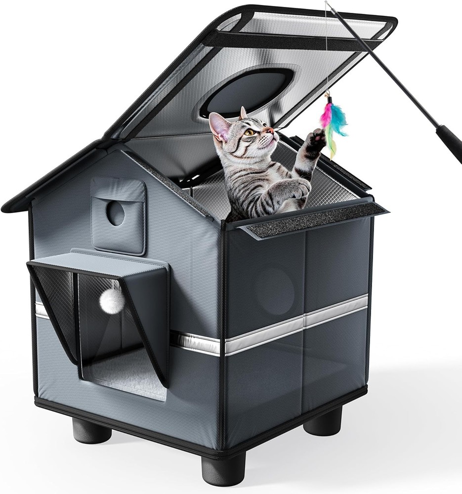 Outdoor Cat House with Raised Base & Toy Included, Weatherproof Feral Cat Shelte