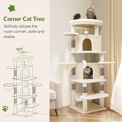 66inch Tall 6 Scratching Posts, 2 Spacious Cat Condos, Hanging Basket,Beige
