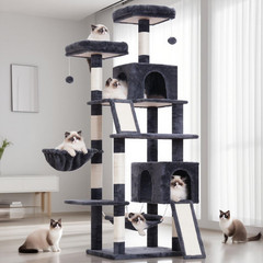 Sturdy 71” Cat Tree Tower with Scratching Boards, Perches & Hammock – Gray