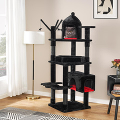63in Gothic Cat Tree Tower w Coffin Bed Multi Level Condo Black Red