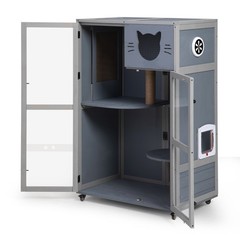 Large Wooden indoor Cat Enclosure House with Clear Door and 3 Jumping Platforms
