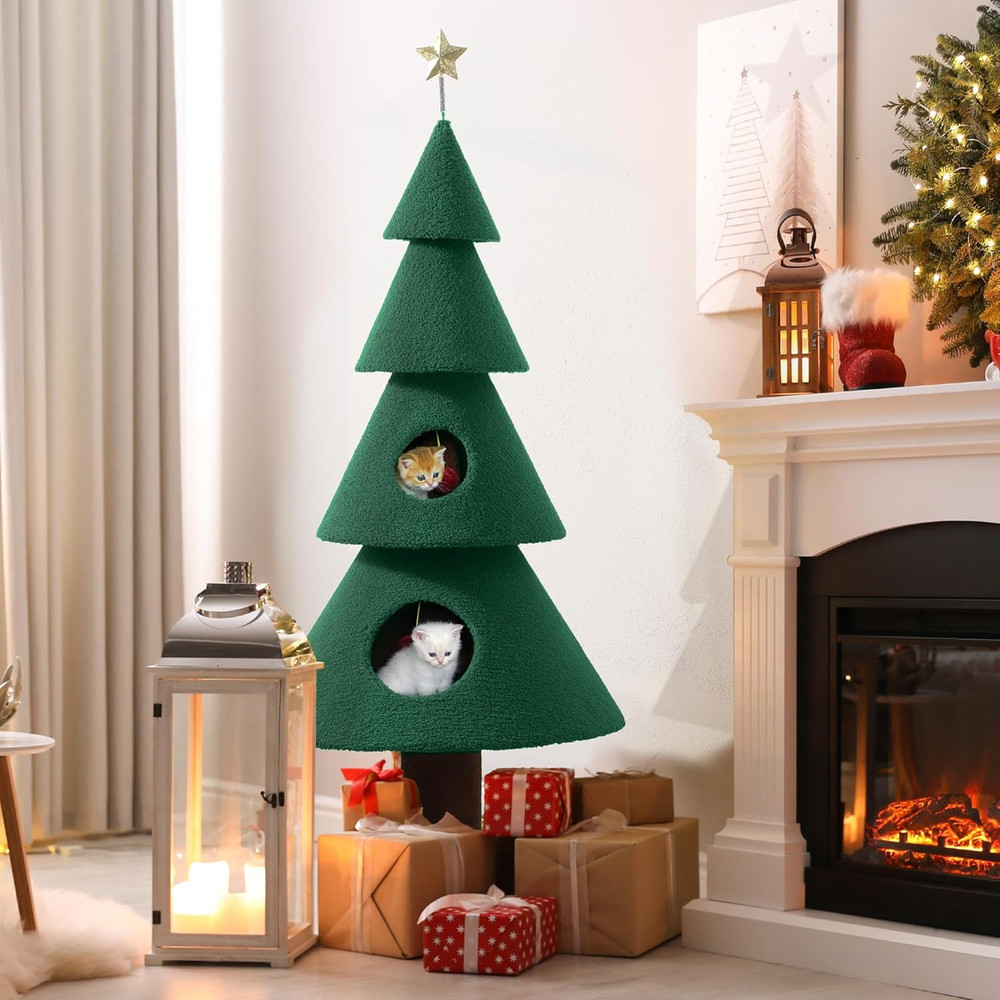 Cozy Christmas Cat Tree Tower with 2 Houses & Plaything for Indoor Cats