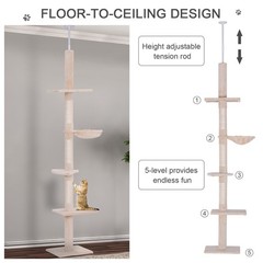 8.5′ Adjustable Floor-To-Ceiling Cat Tree w/ 5 Carpet Platforms, Beige