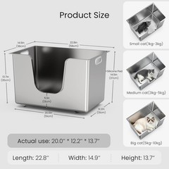 13.8″ Stainless Steel Cat Litter Box XL High Sides Metal Kitty Pan w/ Wheels